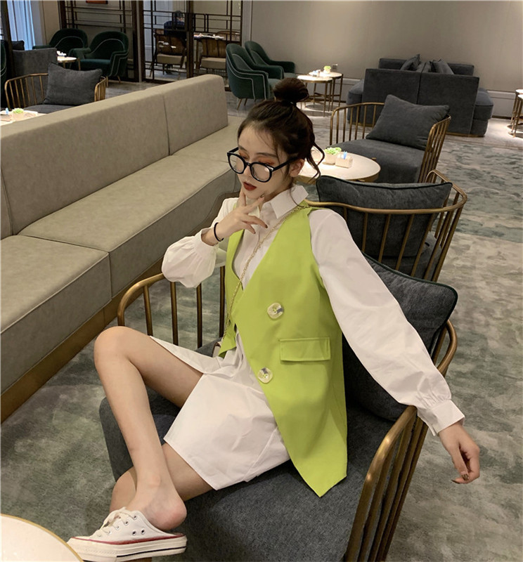 VK旗艦店 韓國風襯衫配馬甲復古長袖洋裝