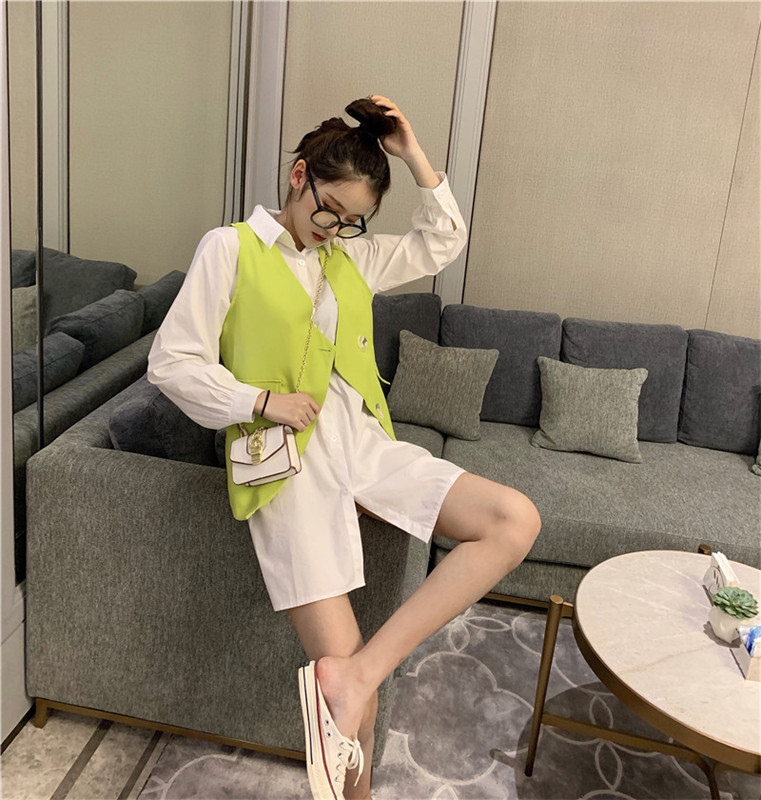 VK旗艦店 韓國風襯衫配馬甲復古長袖洋裝