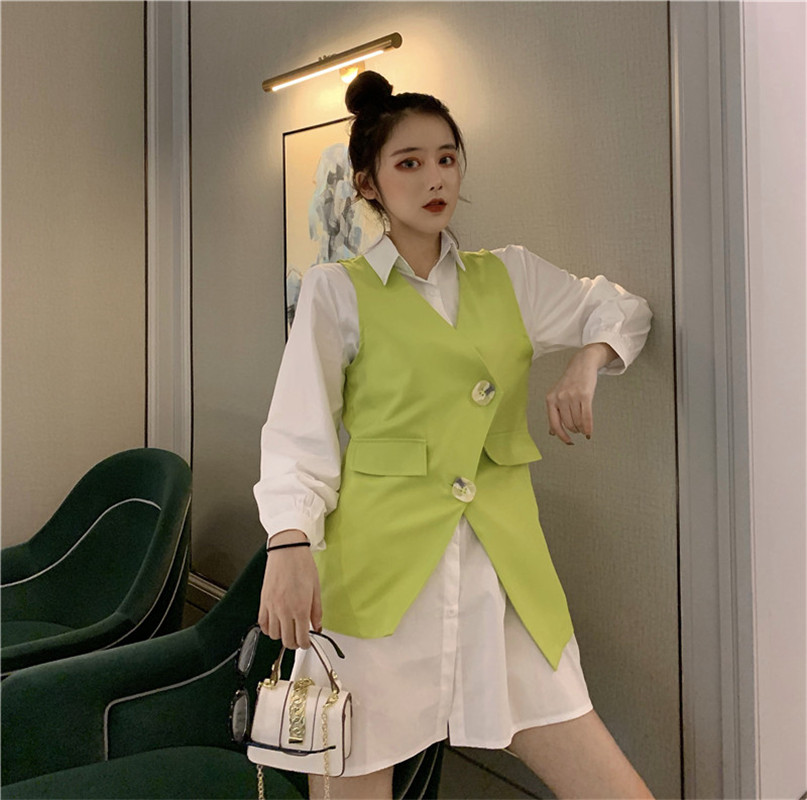 VK旗艦店 韓國風襯衫配馬甲復古長袖洋裝