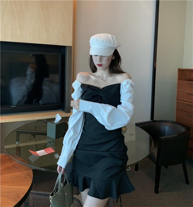 VK旗艦店 韓國風V領撞色桔梗魚尾拼接長袖洋裝