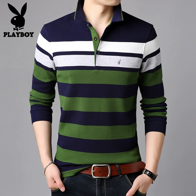 Playboy mùa xuân nam áo thun dài tay trẻ trung và trung niên sọc cotton thường xuyên xu hướng áo polo - Áo phông dài