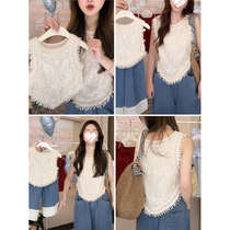 Lace vest parent-child summer clothes for small people traveling and vacationing tassel sleeveless wide-leg jeans mother and daughter two-piece set