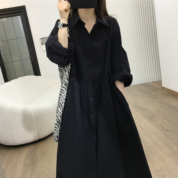 Japanese-Style Black Shirt Dress for Women, New Autumn Loose-Fitting Korean Version, Mid-Length Over-The-Knee Long-Sleeve A-Line Little Black Dress