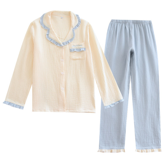 睡衣女2025年新款网红爆款纯棉纱布春秋季长袖薄款简约家居服套装