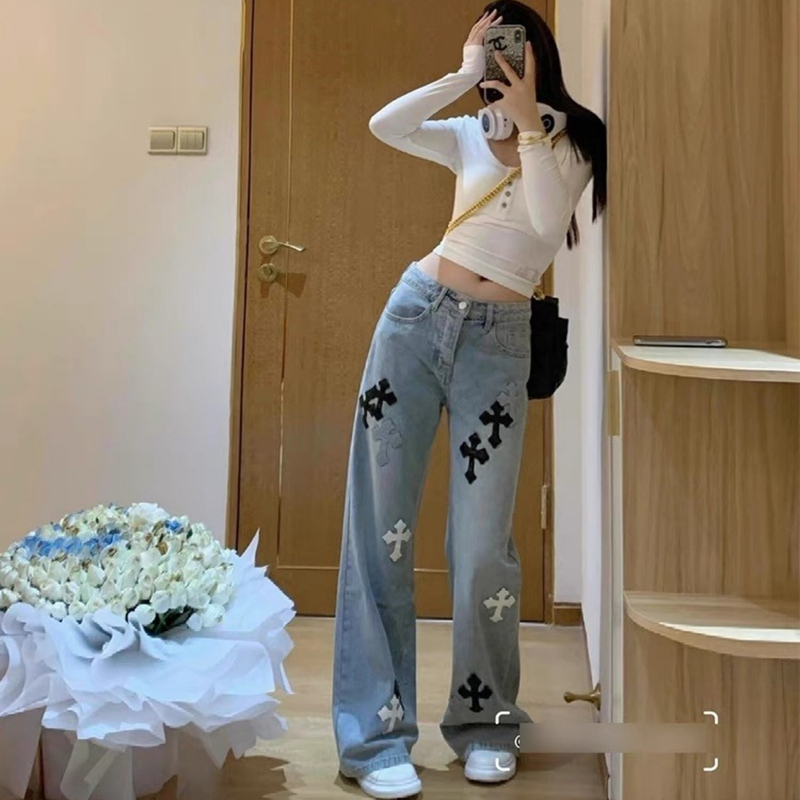 Chill Qiaoer【Ch* Denim Long Legs Project】Vintage Cross Wide-Leg Long Pants Floor-Length Jeans for Women