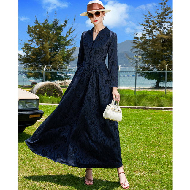 Diverunchi 2024 Spring high-end dress high-end luxury long jacquard navy blue temperament slim long dress