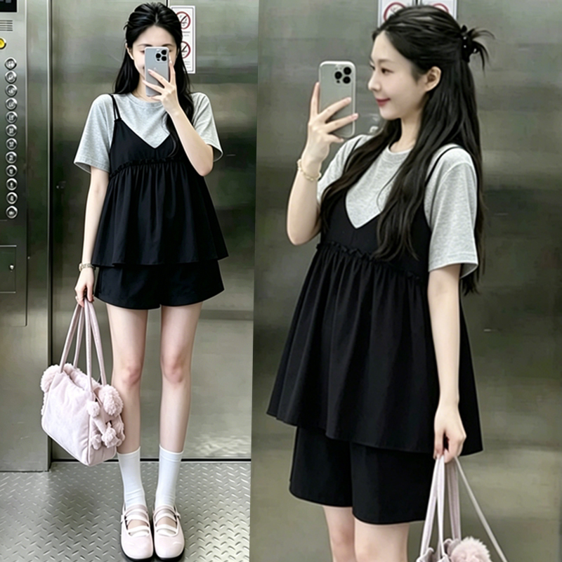 Maternity Tops, Summer Clothes, Stylish, Covering the Belly, Short-Sleeved T-Shirts, Babydoll Shirts, Loose Pregnancy Suits, Summer Vacation Two-Piece Suits for Women