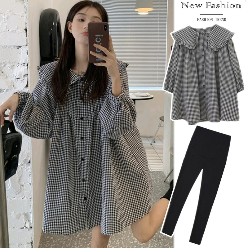 Maternity Tops for Spring and Autumn, Stylish and Concealing the Belly, Plus-Size Autumn Clothing, Long-Sleeved Plaid Doll Collar Shirt Set for Women in Autumn Maternity Tops for Spring and Autumn, Stylish and Concealing the Belly, Plus-Size Autumn Clothing, Long-Sleeved Plaid Doll Collar Shirt Set for Women in Autumn