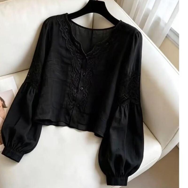 La Chapelle Black Lace Spliced Chiffon Shirt Women's Long-Sleeved V Neck Loose Top La Chapelle Black Lace Spliced Chiffon Shirt Women's Long-Sleeved V Neck Loose Top