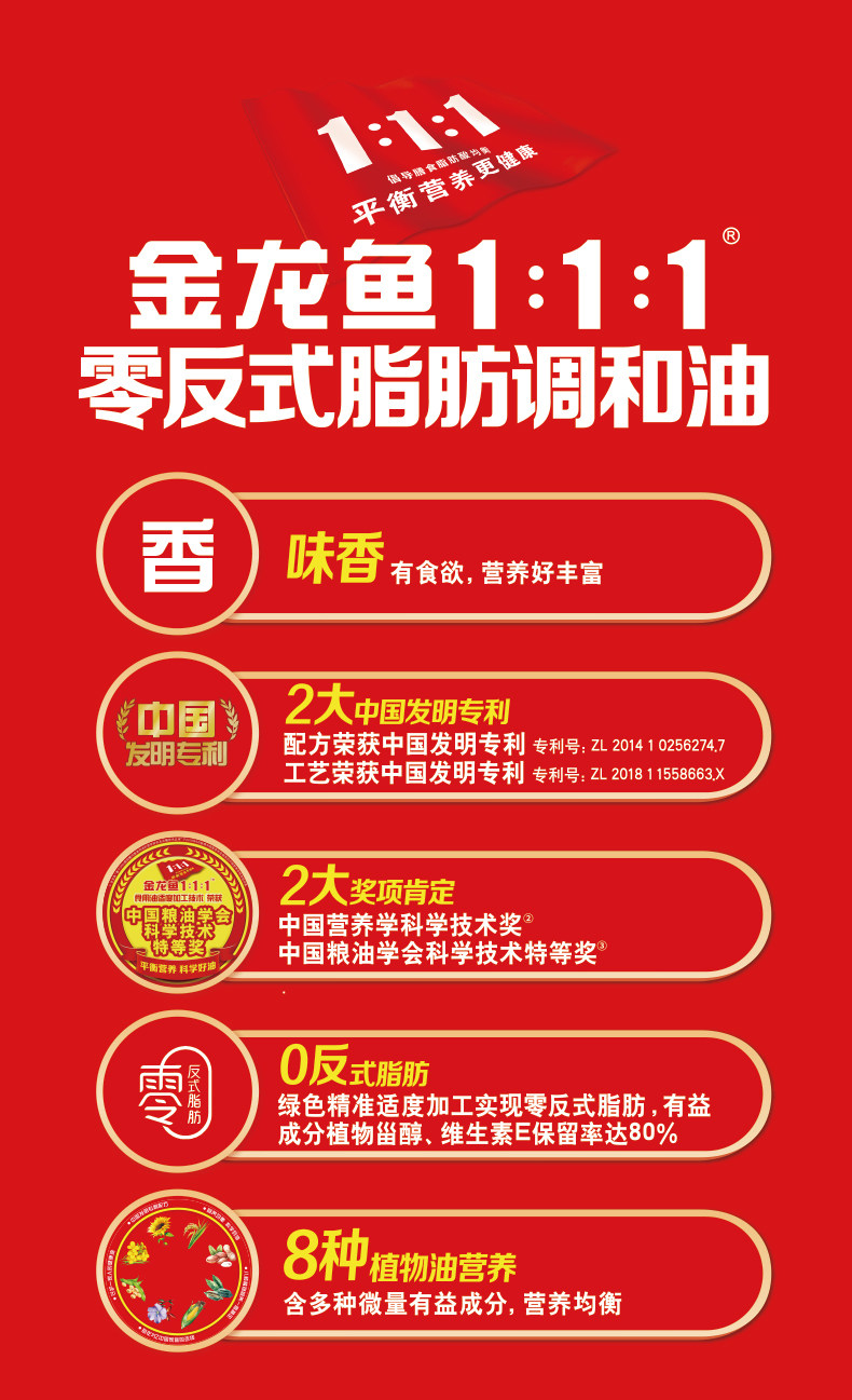 金龙鱼 0反式脂肪 1:1:1黄金比例调和油 900ml*2瓶 图4