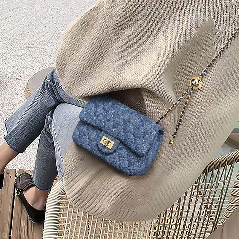 2025 New Model Genuine Leather Women's Bag Casual Horizontal Style Youth Denim Gold Ball Chain Bag Small Chanel-Style Crossbody Square Bag 2025 New Model Genuine Leather Women's Bag Casual Horizontal Style Youth Denim Gold Ball Chain Bag Small Chanel-Style Crossbody Square Bag