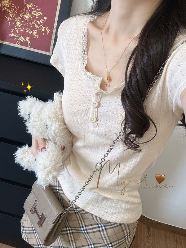 Axiaoqi Xiaoqi Creamy Girl Bm Style Sweet Lace Trim Hollow Out Top Summer White Short Sleeve T-Shirt for Women