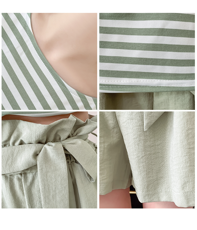 VK旗艦店 韓系條紋圓領高腰闊腿褲套裝短袖褲裝