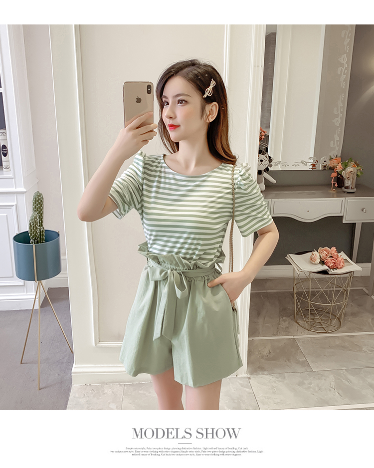 VK旗艦店 韓系條紋圓領高腰闊腿褲套裝短袖褲裝