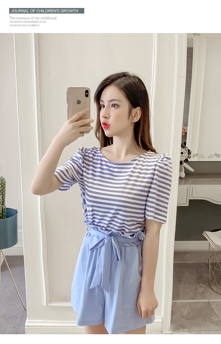 VK旗艦店 韓系條紋圓領高腰闊腿褲套裝短袖褲裝