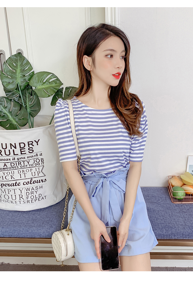 VK旗艦店 韓系條紋圓領高腰闊腿褲套裝短袖褲裝