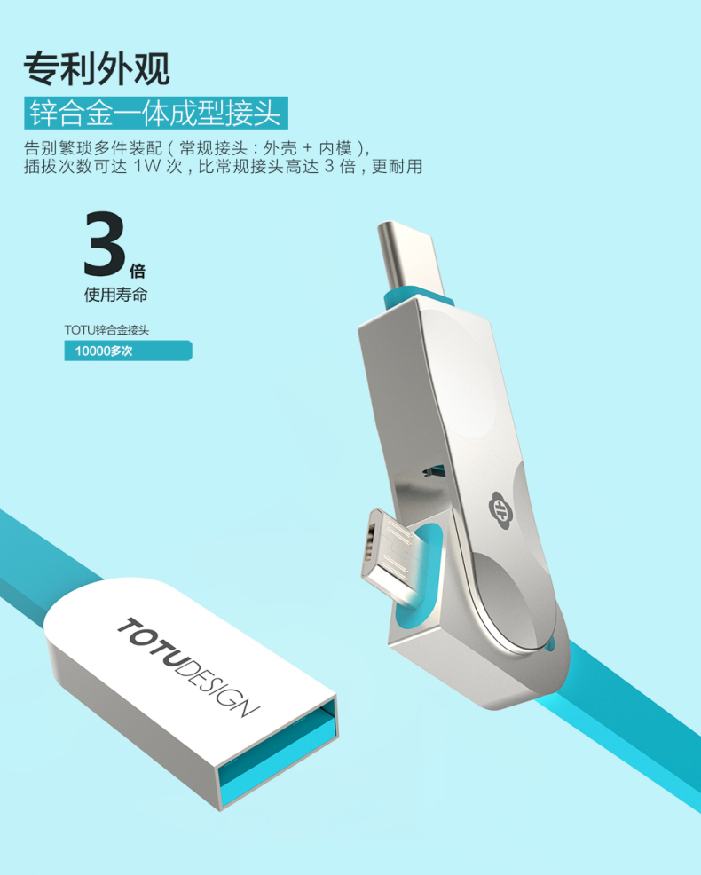 TOTU Zinc Alloy Connector Rhombic Quick Charge Type-C+Micro USB Cable for MacBook LeEco Android Type-C Smartphones Tablets