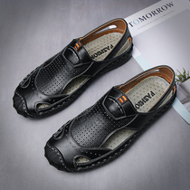  Summer leather mens casual shoes hollow breathable leather sandals soft-soled Doudou shoes one-pedal lazy driving shoes men