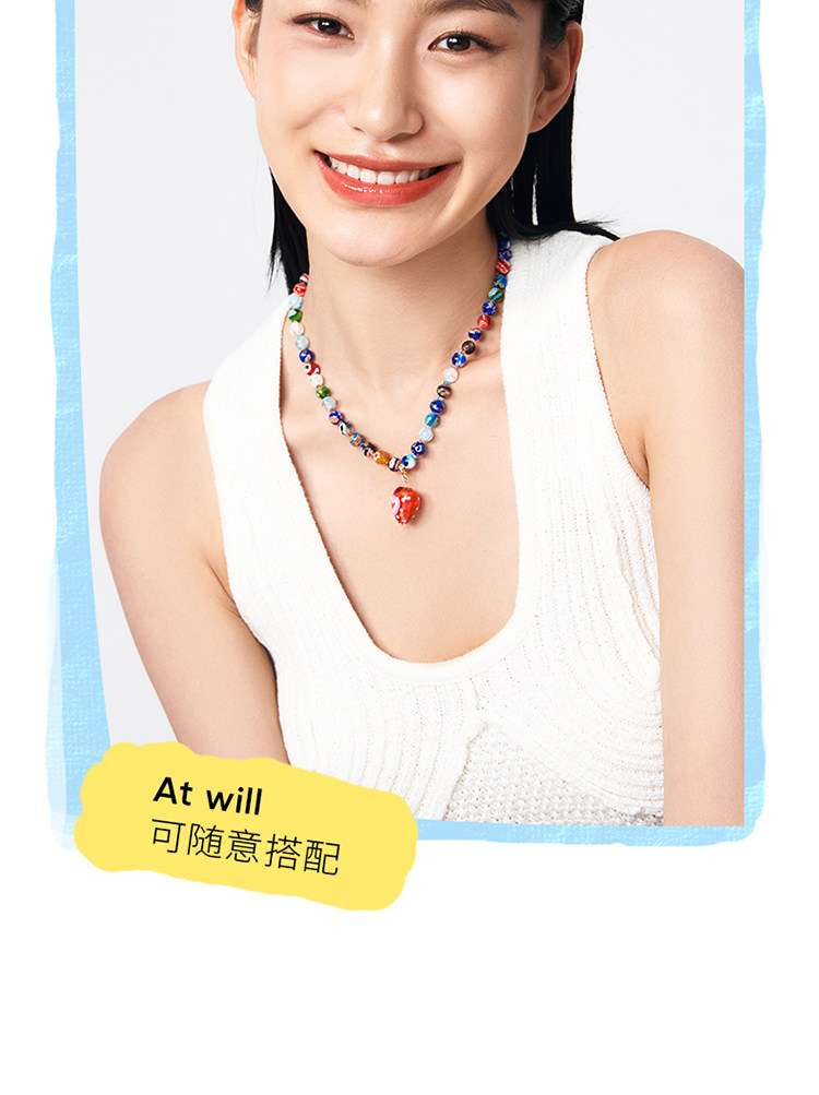 【中国直邮】 ZENGLIU 夏日多巴胺彩色项链 女款颈链新款爆款爱心琉璃吊坠百搭锁骨链*1条