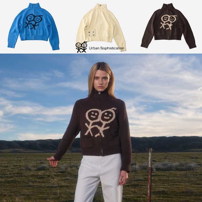 Authentic Urban Sophistication Stickman Embroidery High-Neck Convertible Collar Loose Cardigan Sweater Jacket