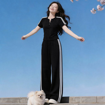 ເສື້ອຍືດຄໍ v-neck trendy trousers two-piece set for women 2026 minimalist casual suit summer wear complete set