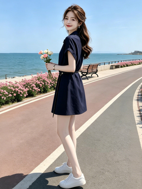 ຊຸດແຟຊັນເກົາຫຼີ 2026 summer temperament gentle style navy blue lapel slim slimming short skirt