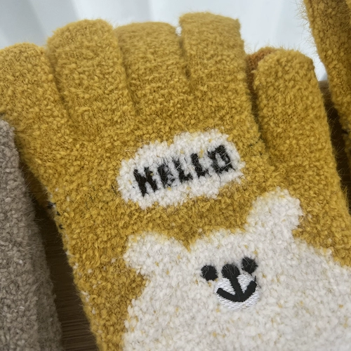 Милые перчатки, зимний мультяшный удерживающий тепло шерстяной трикотажный утепленный ветрозащитный комплект, с медвежатами