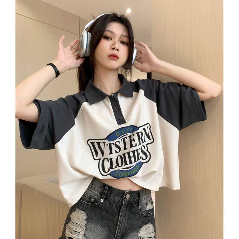 Summer Korean-Style Niche Design Loose Letter-Printed College-Style Polo Collar Color-Blocked Lapel T-Shirt for Women
