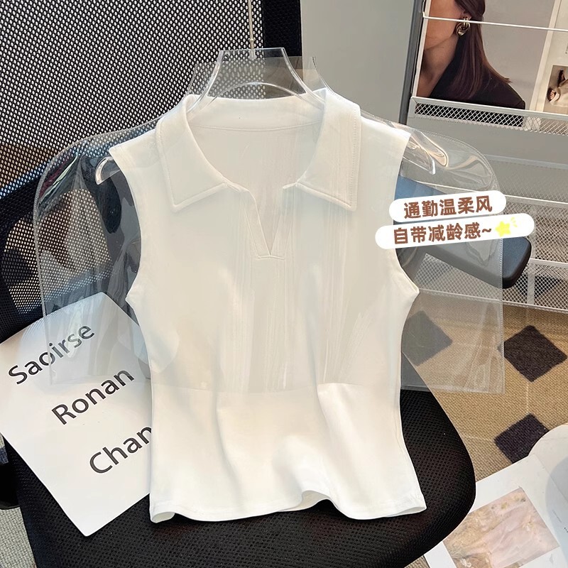 White Polo Collar Sleeveless T-Shirt for Women, Summer 2026 New Popular Style, Simple and Versatile, Slim Fit, Slimming, Turn-Down Collar Top White Polo Collar Sleeveless T-Shirt for Women, Summer 2026 New Popular Style, Simple and Versatile, Slim Fit, Slimming, Turn-Down Collar Top