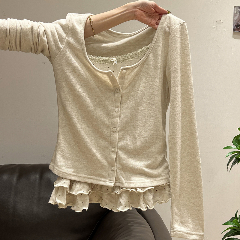 Apricot Cardigan with Lace Polka Dots and Ruffled Long Sleeves, Camisole for Women, Early Autumn 2025 New Two-Piece Set