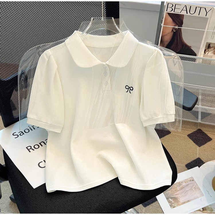 Embroidered Polo Collar Short-Sleeve T-Shirt for Women, 2025 Summer New Style, Regular Shoulder, Petite, Loose, Slimming Top Embroidered Polo Collar Short-Sleeve T-Shirt for Women, 2025 Summer New Style, Regular Shoulder, Petite, Loose, Slimming Top