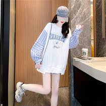 Pregnant Woman Splicing Striped Shirt Cuff Design Comfort Womens Autumn 2021 Mid-Length Korean version of pregnant womens blouses