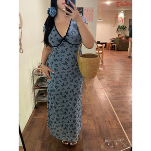 Boolibyoo ретро американский большой двор синий в цветочек платье женщина талия была тонкий темно v праздник ветер платье