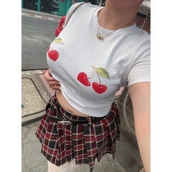 Boolibyoo sweet cherry plus size hot girl cherry print top women slim round neck short sleeve T-shirt