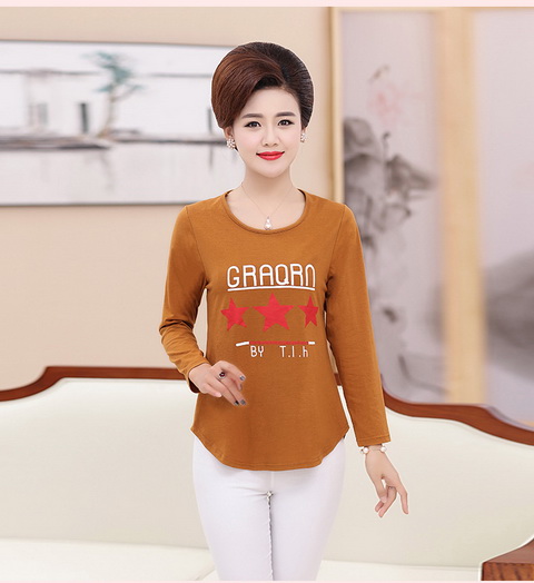 Phụ nữ trung niên mùa thu mới áo thun cotton dài tay cổ tròn in mẹ phiên bản Hàn Quốc tự may áo sơ mi chạm đáy mẫu áo kiểu trung niên