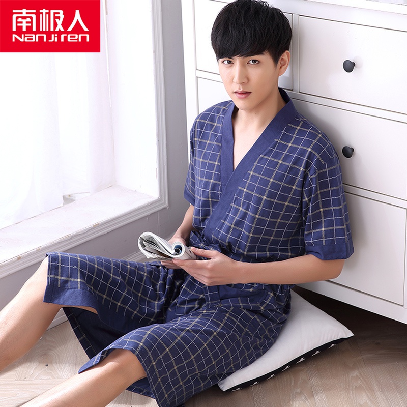 Youth men's nightgown summer short-sleeved medium-long version of the yukata Summer half-sleeve thin cotton cloth large size loose bathrobe