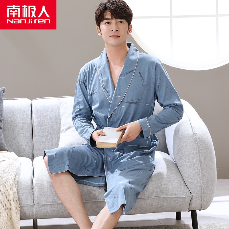 Antarctic pajamas men's spring and autumn cotton long-sleeved pajamas leisure cotton bathrobe loose large size home service bathrobe