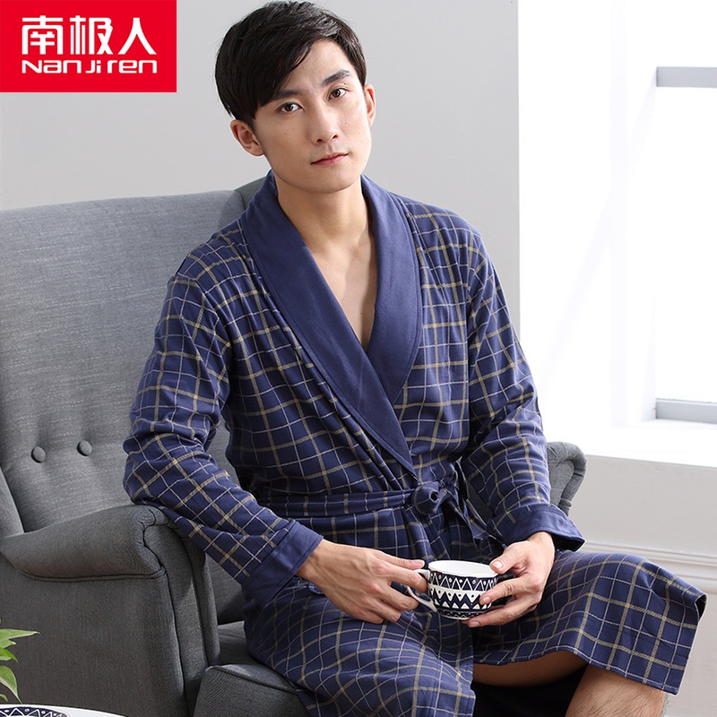Autumn and winter bathrobe Youth middle-aged men's nightgown Long version long-sleeved bathrobe Spring and autumn cotton pajamas Cotton home clothes