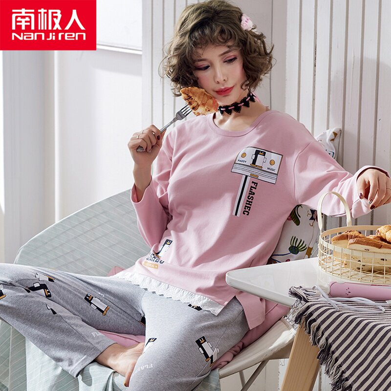 Sleepwear woman long sleeve pure cotton spring and autumn thin style suit round neckline large size Korean version Two sets of casual home wear can be worn out