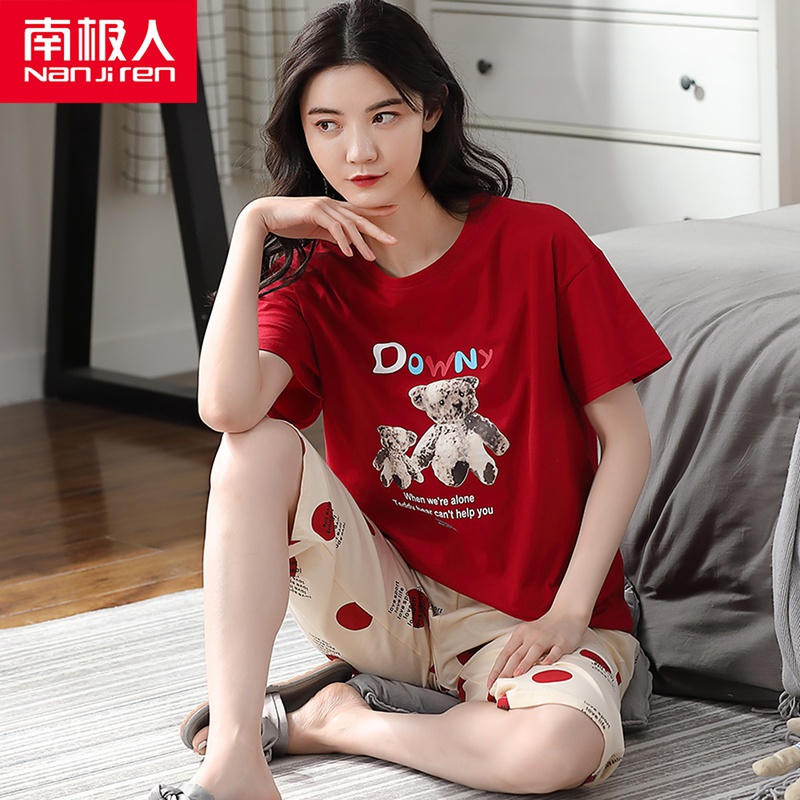 Sleepwear ladies Summer thin Pure Cotton Cute Cartoon Maiden 7 Pants Two-piece Suit Student Short Sleeve Home Dress