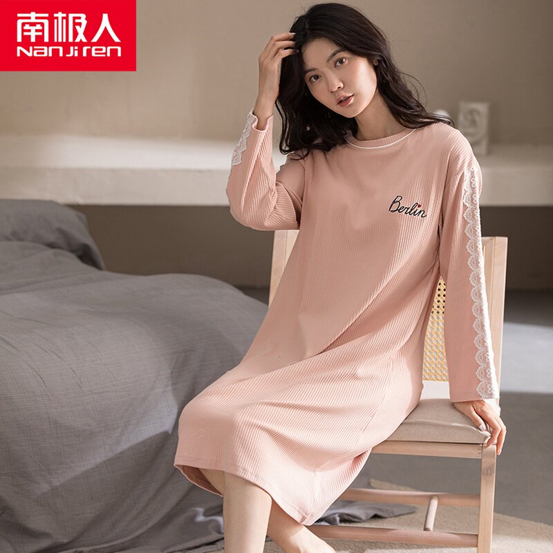 South Pole person with chest cushion sleeping dress female pure cotton long sleeve spring autumn season home in a foreign dress with a long version of loose female pyjamas