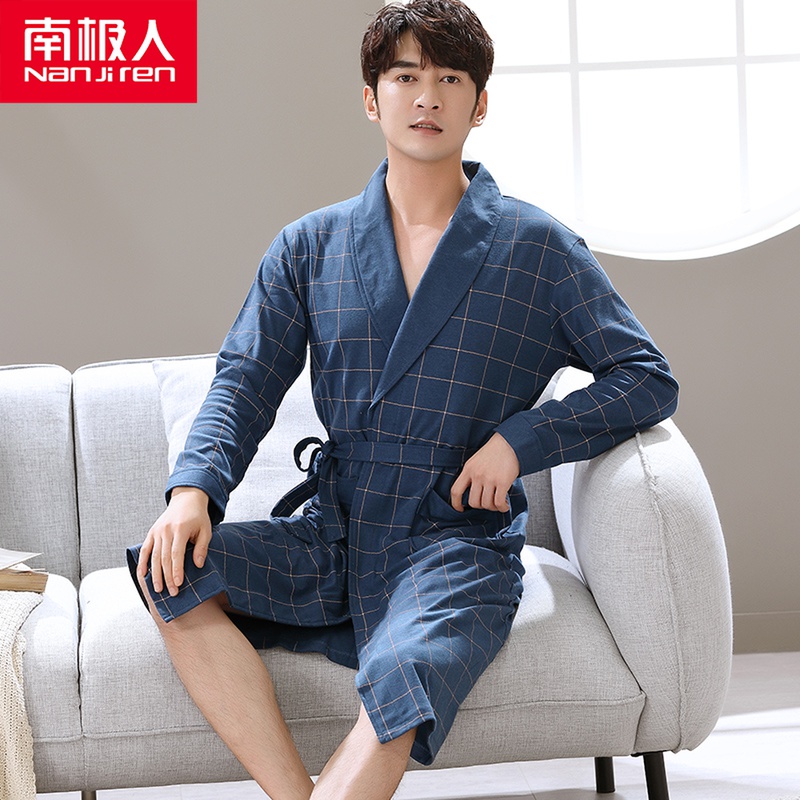 South Pole male pyjamas pure cotton long sleeve spring autumn season increased code bathrobe medium long version pyjamas winter checkered home conserved