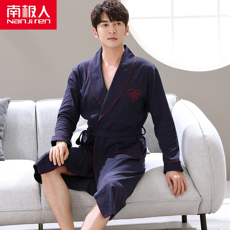 South Pole men's men's sleeping robes Spring autumn season pure cotton long sleeve bathing suit with larger code thin new sleepwear bathrobe