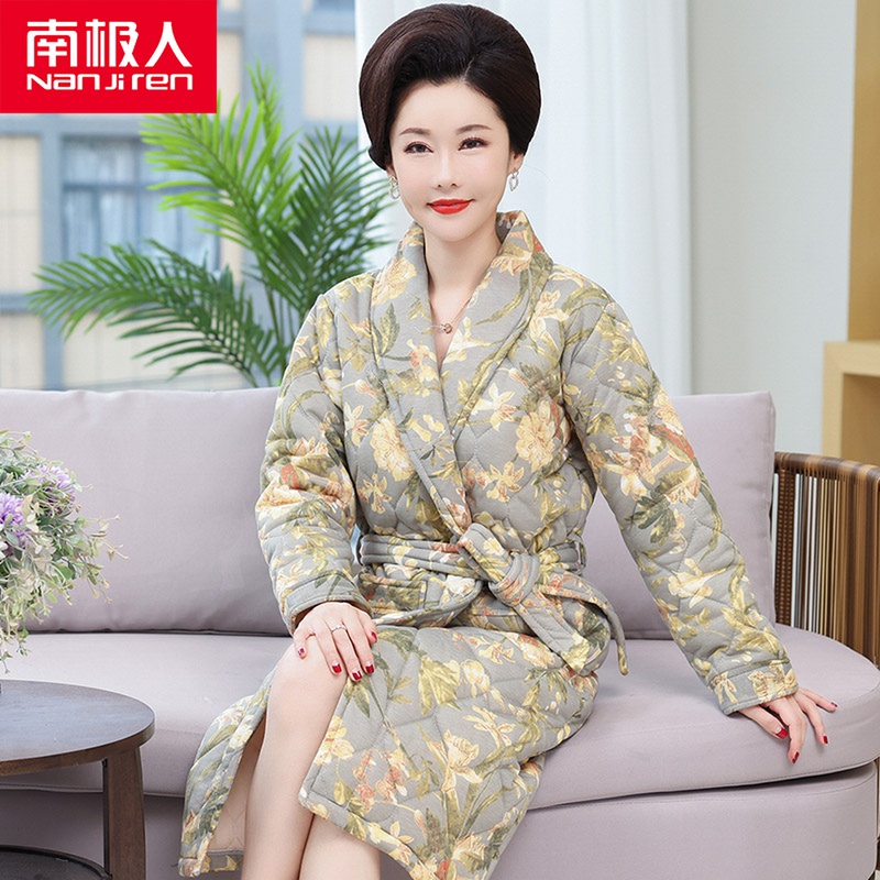 Clip Cotton Sleeping Robe Lady Winter Pure Cotton Triple thickened Long version Warm All Cotton Middle-aged Mom Old Man Bathrobe Autumn Winter