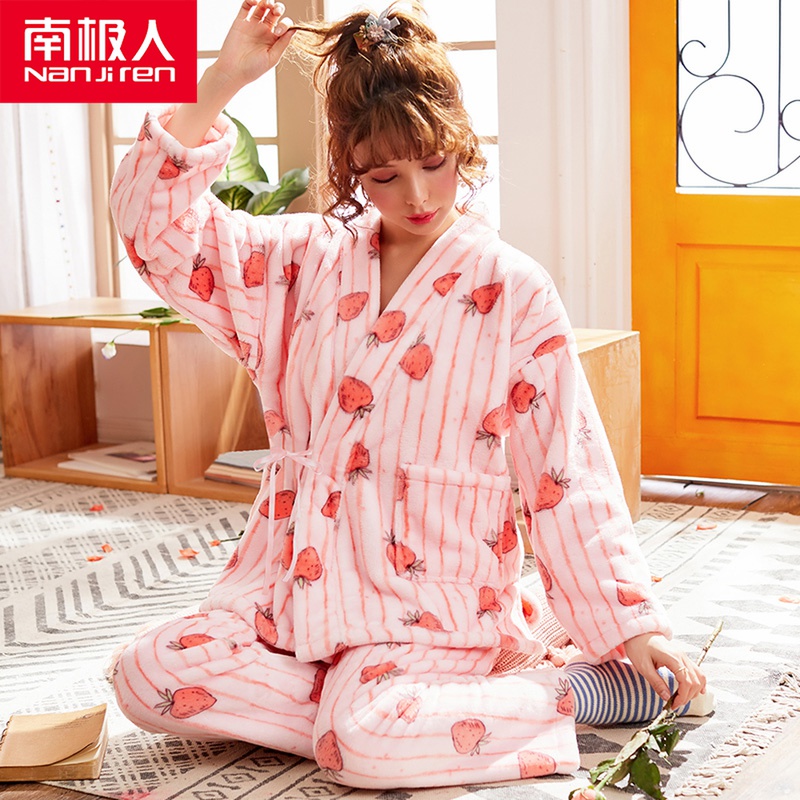 Day Style Winter Coral Suede Pyjamas Lady Thicken Warm Flannel Velvet And Long Sleeve Stay-at-home Dress Cute Suit