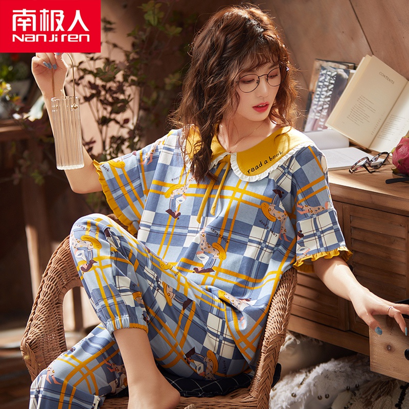 Summer Short Sleeve Trouser Cotton Pajamas Summer Botton Cute Cartoon Casual Home Clothes Two Pieces