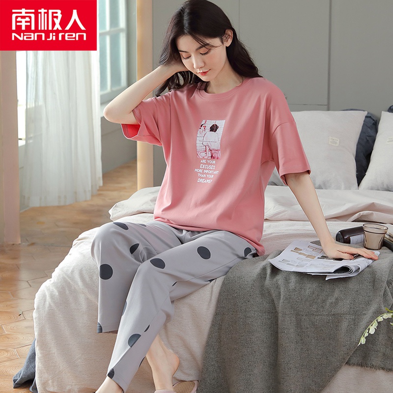 South Pole Pyjamas Women's Summer Pure Cotton Short Sleeve Long Pants Suit Summer 2021 New Spring Autumn Thin family clothes