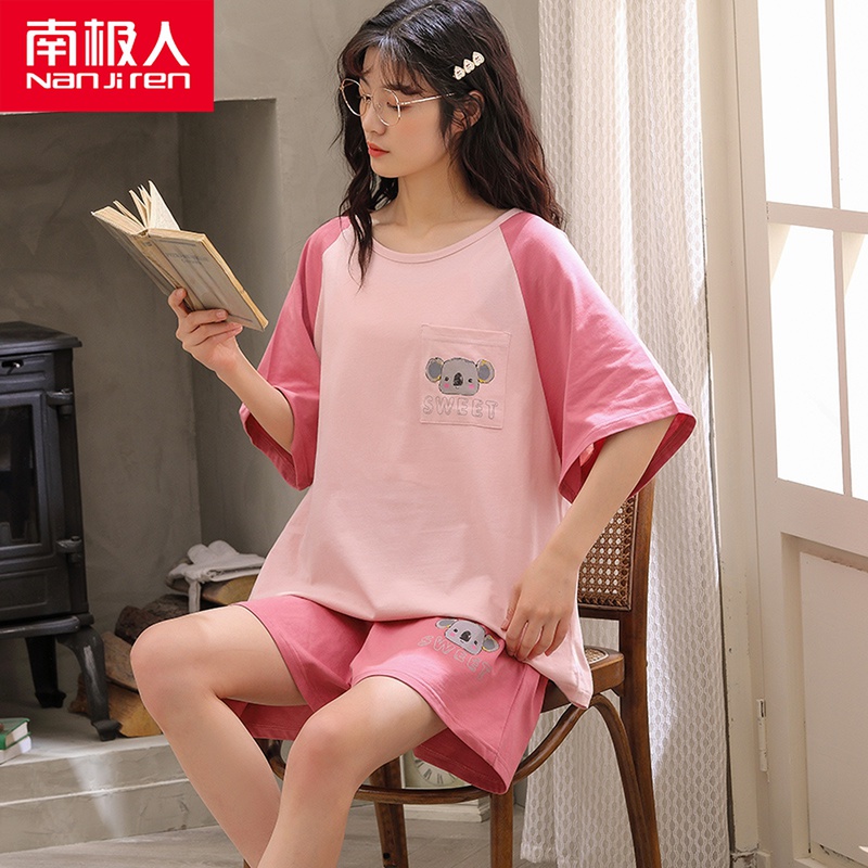 South Pole Pyjamas Women's Summer Pure Cotton Short Sleeve Shorts Two Style Suits Korean Version Cute Increase Code Thinker Home Clothes