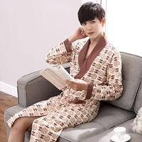 Áo choàng tắm cho nam Áo ngủ nam mùa xuân và mùa thu Mùa hè Đồ ngủ cotton mỏng Tay áo dài Áo choàng tắm cho nam Áo cotton đồ ngủ đẹp
