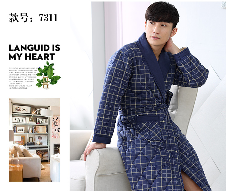 Áo ngủ nam mùa đông cotton ba lớp áo khoác bông ấm áp bộ đồ ngủ trung niên cộng với áo choàng bông dài áo choàng tắm áo ngủ đẹp